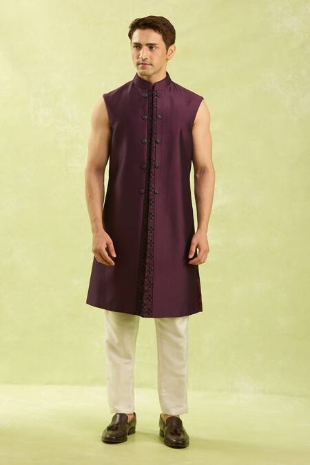 Shop_Arihant Rai Sinha_Wine Embroidery Pattern Jacquard Silk Sherwani Set _Online_at_Aza_Fashions