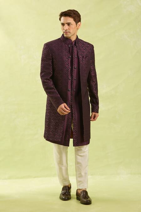 Arihant Rai Sinha_Wine Embroidery Pattern Jacquard Silk Sherwani Set _at_Aza_Fashions