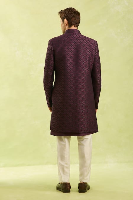 Arihant Rai Sinha Wine Pattern Jacquard Silk Sherwani Set 