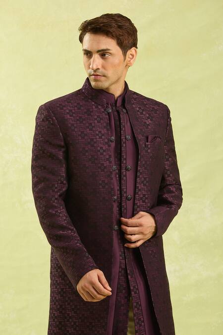 Buy_Arihant Rai Sinha_Wine Embroidery Pattern Jacquard Silk Sherwani Set 