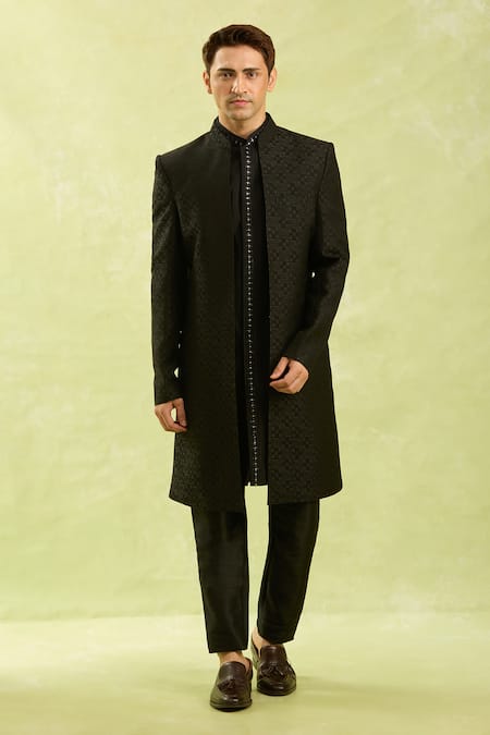 Arihant Rai Sinha Black Jacquard Silk Sherwani Set Online at Aza Fashions Arihant Rai Sinha_Black Jacquard Silk Sherwani Set _Online_at_Aza_Fashions