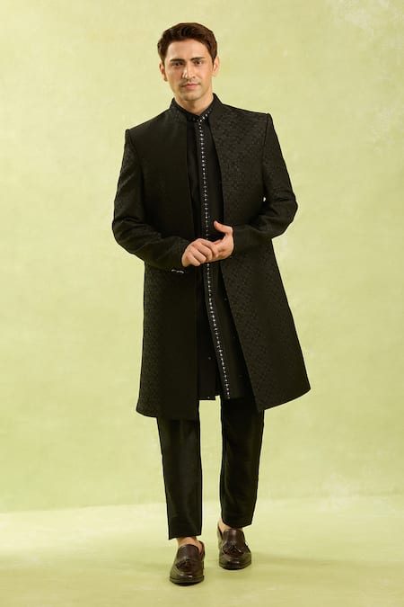 Arihant Rai Sinha Black Jacquard Silk Sherwani Set 