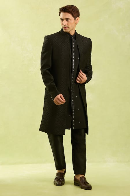 Shop Arihant Rai Sinha Black Jacquard Silk Sherwani Set Online at Aza Fashions Shop_Arihant Rai Sinha_Black Jacquard Silk Sherwani Set _Online_at_Aza_Fashions