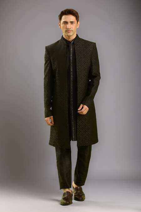 Arihant Rai Sinha Black Jacquard Silk Sherwani Set 
