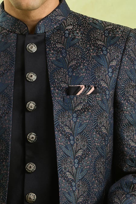 Buy_Arihant Rai Sinha_Blue Jacquard Embroidery Silk Sherwani Set _Online_at_Aza_Fashions