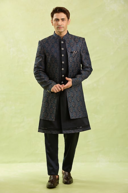 Arihant Rai Sinha_Blue Jacquard Embroidery Silk Sherwani Set _at_Aza_Fashions