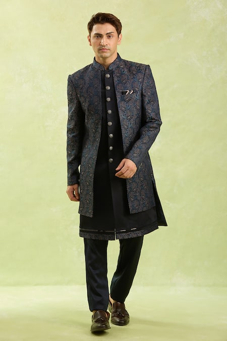 Buy_Arihant Rai Sinha_Blue Jacquard Embroidery Silk Sherwani Set 
