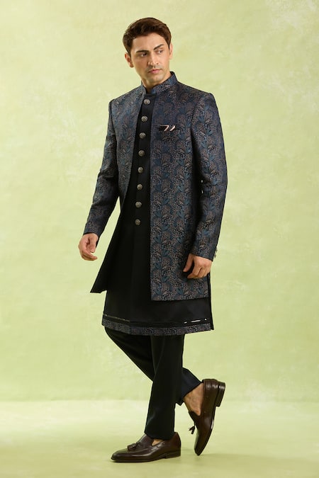 Shop_Arihant Rai Sinha_Blue Jacquard Embroidery Silk Sherwani Set 