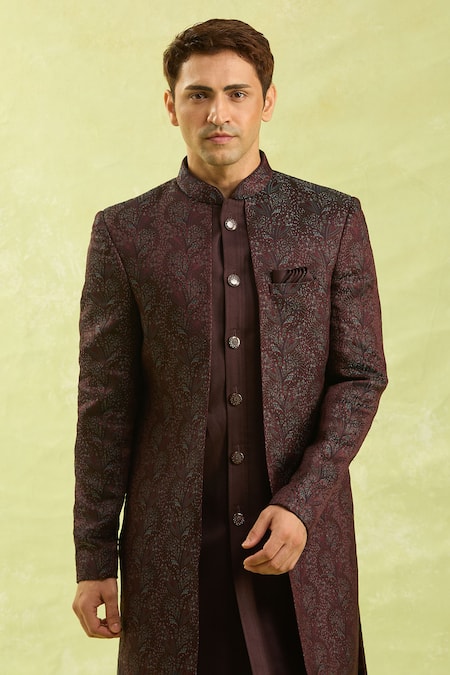 Arihant Rai Sinha_Wine Silk, Jacquard Embroidery Sherwani Set _Online_at_Aza_Fashions