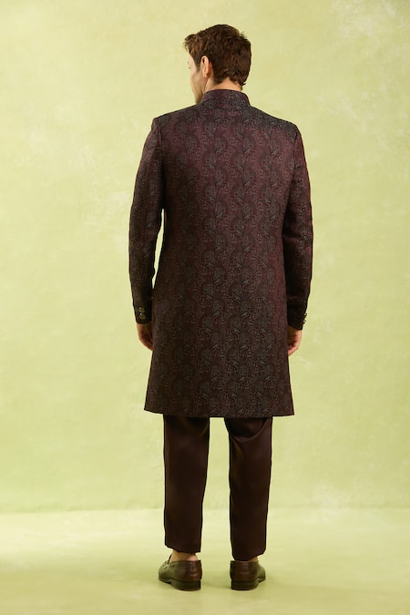 Arihant Rai Sinha Wine Jacquard Silk Sherwani Set 