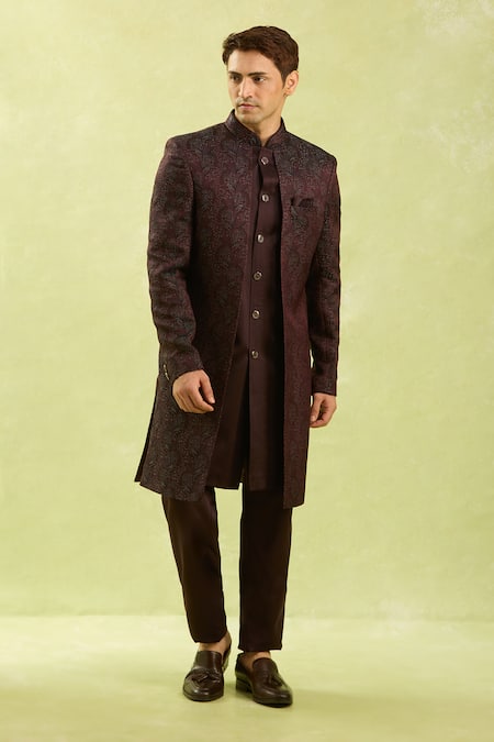 Shop_Arihant Rai Sinha_Wine Silk, Jacquard Embroidery Sherwani Set _Online_at_Aza_Fashions