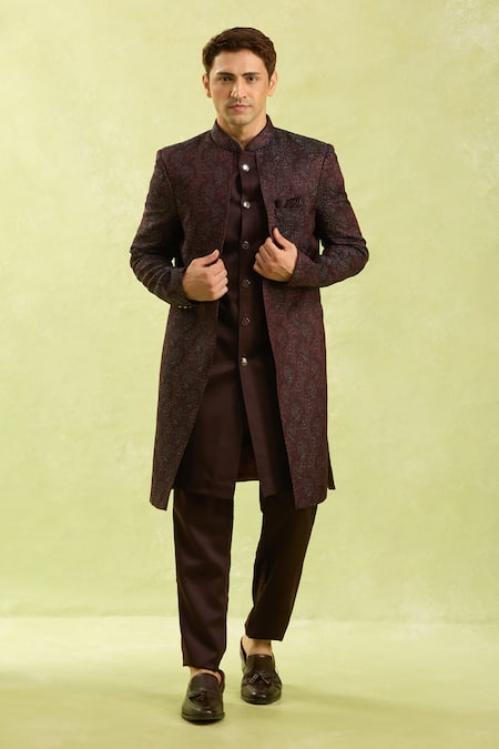 Arihant Rai Sinha_Wine Silk, Jacquard Embroidery Sherwani Set _at_Aza_Fashions