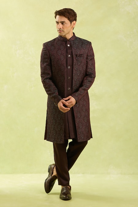 Buy_Arihant Rai Sinha_Wine Silk, Jacquard Embroidery Sherwani Set 
