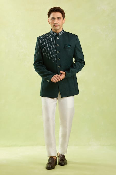 Arihant Rai Sinha Green Jacquard Embroidery Jodhpuri Bandhgala Online at Aza Fashions Arihant Rai Sinha_Green Jacquard Embroidery Jodhpuri Bandhgala _Online_at_Aza_Fashions