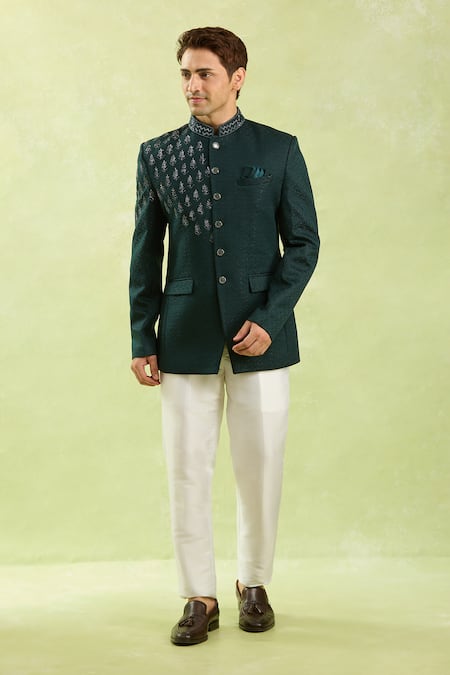 Shop Arihant Rai Sinha Green Jacquard Embroidery Jodhpuri Bandhgala Online at Aza Fashions Shop_Arihant Rai Sinha_Green Jacquard Embroidery Jodhpuri Bandhgala _Online_at_Aza_Fashions