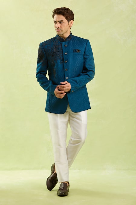 Arihant Rai Sinha_Blue Jacquard Embroidery Jodhpuri Bandhgala _Online_at_Aza_Fashions