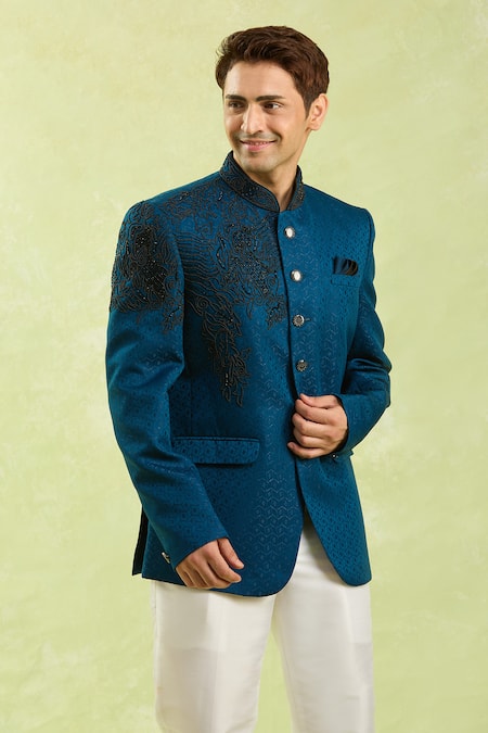 Buy_Arihant Rai Sinha_Blue Jacquard Embroidery Jodhpuri Bandhgala _Online_at_Aza_Fashions