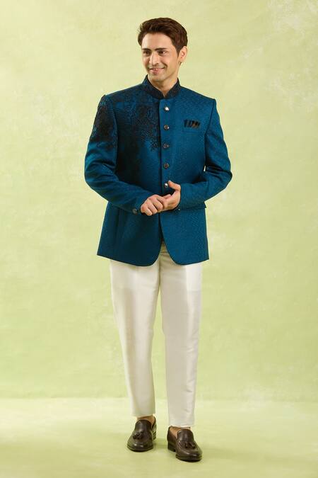 Shop_Arihant Rai Sinha_Blue Jacquard Embroidery Jodhpuri Bandhgala _Online_at_Aza_Fashions