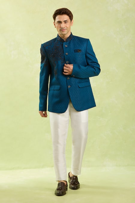 Arihant Rai Sinha_Blue Jacquard Embroidery Jodhpuri Bandhgala _at_Aza_Fashions