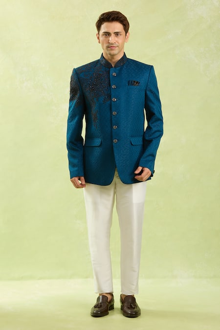 Buy_Arihant Rai Sinha_Blue Jacquard Embroidery Jodhpuri Bandhgala 