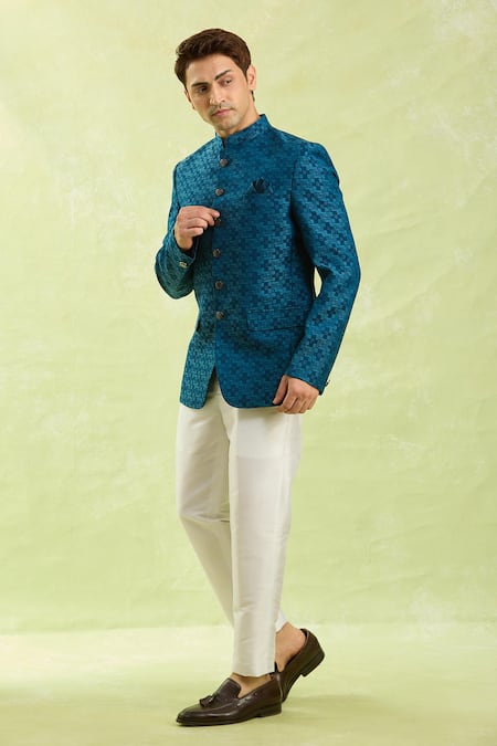 Arihant Rai Sinha_Blue Jacquard Jodhpuri Bandhgala _Online_at_Aza_Fashions
