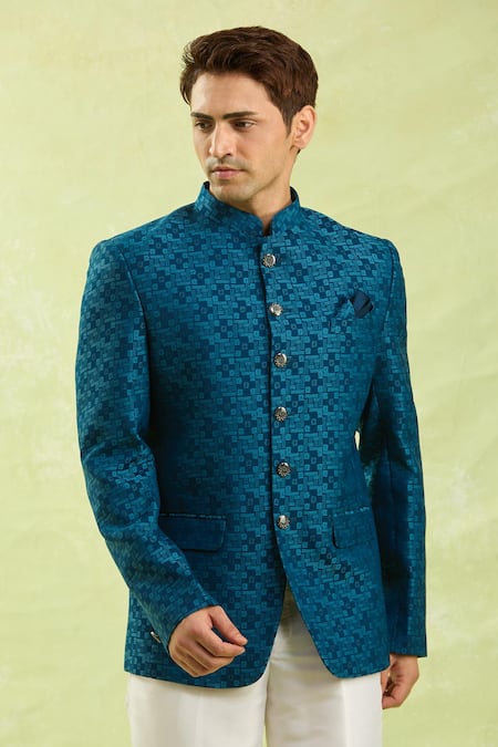 Buy_Arihant Rai Sinha_Blue Jacquard Jodhpuri Bandhgala _Online_at_Aza_Fashions