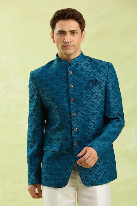 Shop_Arihant Rai Sinha_Blue Jacquard Jodhpuri Bandhgala _Online_at_Aza_Fashions
