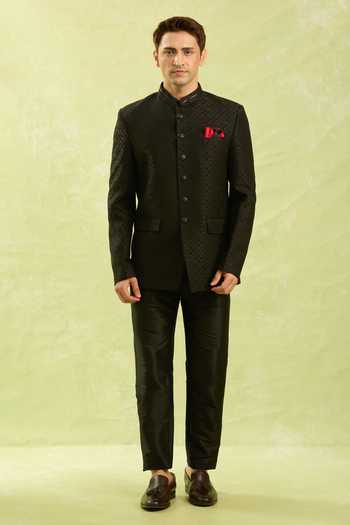 Shop Arihant Rai Sinha Black Silk Jodhpuri Bandhgala Shop_Arihant Rai Sinha_Black Silk Jodhpuri Bandhgala