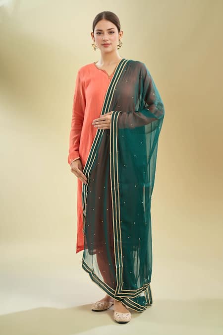 Samyukta Singhania Bottle Green Sequinned Dupatta With Gotta Patti 