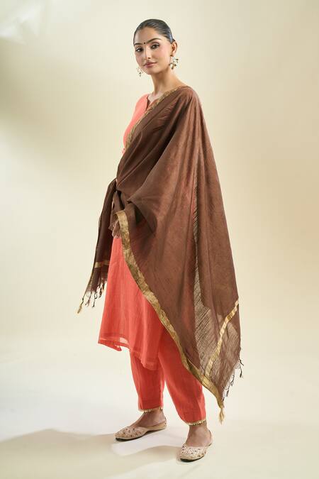 Shop_Samyukta Singhania_Brown Coffee And Gold-toned Cotton Tussar Dupatta_Online_at_Aza_Fashions