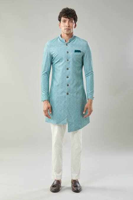 Arihant Rai Sinha Blue Swad Velvet Sherwani & White Pollo Pant 
