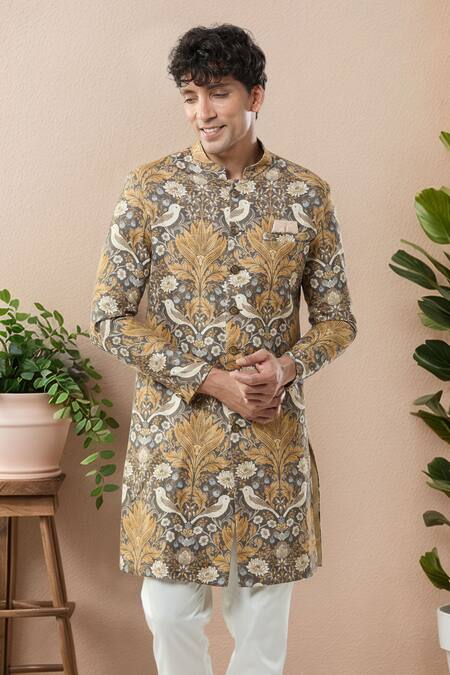 Arihant Rai Sinha Brown Embroidery Floral Print Semi Indo Sherwani Set at Aza Fashions Arihant Rai Sinha_Brown Embroidery Floral Print Semi Indo Sherwani Set _at_Aza_Fashions