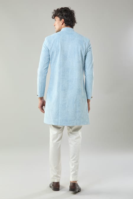Arihant Rai Sinha Blue Swad Velvet Sherwani & White Pollo Pant 