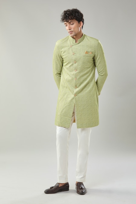 Arihant Rai Sinha Green Woven Suede Sherwani Set 