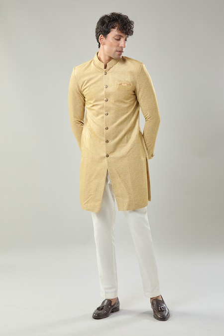 Arihant Rai Sinha Yellow Woven Suede Sherwani & White Pollo Pant 