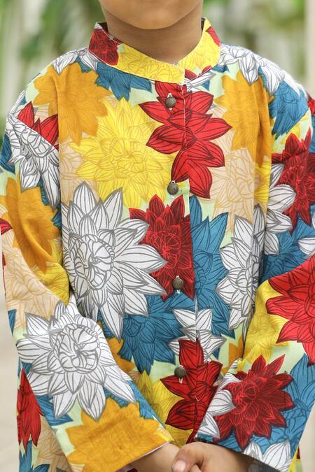Shop Petite Pomme Multi Color Cotton Multicolor Floral Print Sherwani Set Online at Aza Fashions Shop_Petite Pomme_Multi Color Cotton Multicolor Floral Print Sherwani Set _Online_at_Aza_Fashions