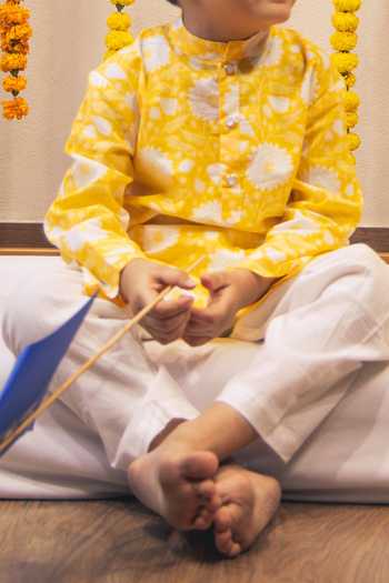 Petite Pomme Yellow Cotton Floral Print Boys Kurta Set Online at Aza Fashions Petite Pomme_Yellow Cotton Floral Print Boys Kurta Set _Online_at_Aza_Fashions