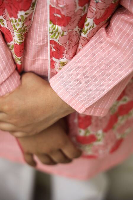 Shop Petite Pomme Pink Cotton Sequins Floral Print Kurta Set Online at Aza Fashions Shop_Petite Pomme_Pink Cotton Sequins Floral Print Kurta Set _Online_at_Aza_Fashions