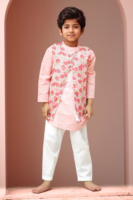 Petite Pomme Pink Cotton Sequins Floral Print Kurta Set 