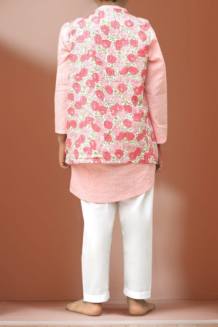 Shop Petite Pomme Pink Cotton Sequins Floral Print Kurta Set at Aza Fashions Shop_Petite Pomme_Pink Cotton Sequins Floral Print Kurta Set _at_Aza_Fashions