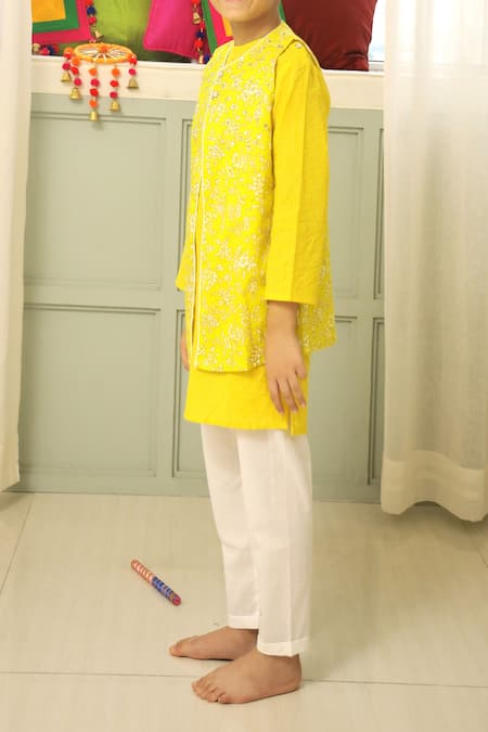 Petite Pomme_Yellow Cotton Sequins, Embroidery Kurta Jacket Set _Online_at_Aza_Fashions