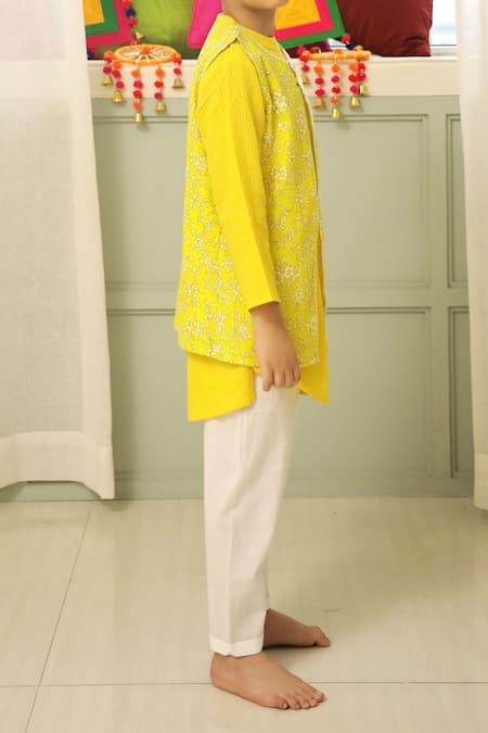 Buy_Petite Pomme_Yellow Cotton Sequins, Embroidery Kurta Jacket Set _Online_at_Aza_Fashions