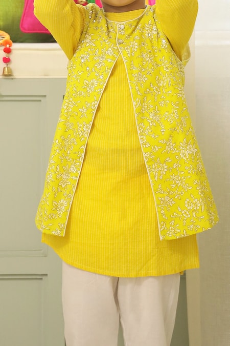 Petite Pomme_Yellow Cotton Sequins, Embroidery Kurta Jacket Set _at_Aza_Fashions