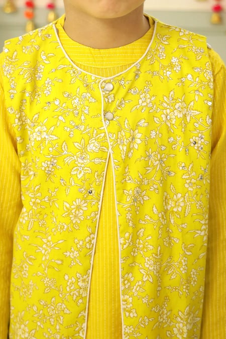 Shop_Petite Pomme_Yellow Cotton Sequins, Embroidery Kurta Jacket Set 