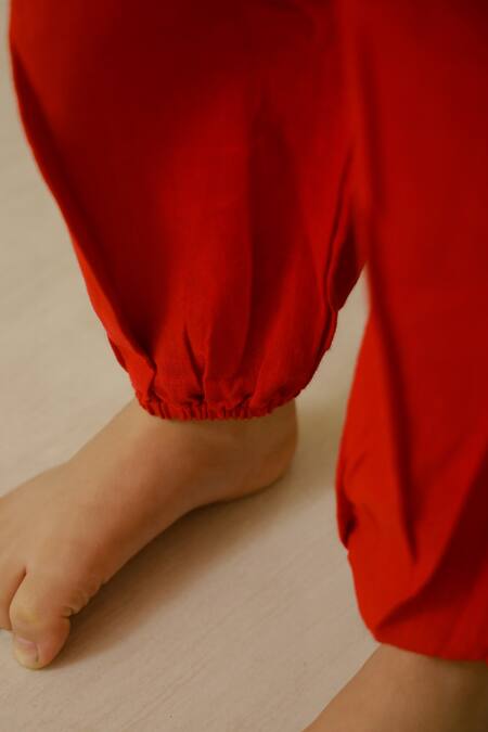 Shop_Petite Pomme_Red Cotton Embroidery Horse Kurta Set _Online_at_Aza_Fashions