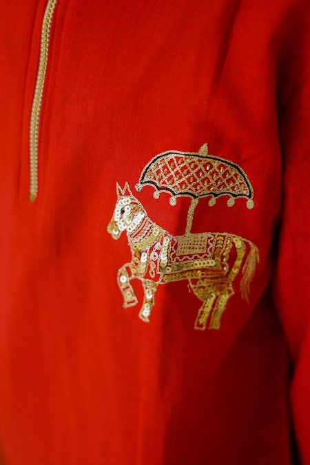 Petite Pomme_Red Cotton Embroidery Horse Kurta Set _at_Aza_Fashions