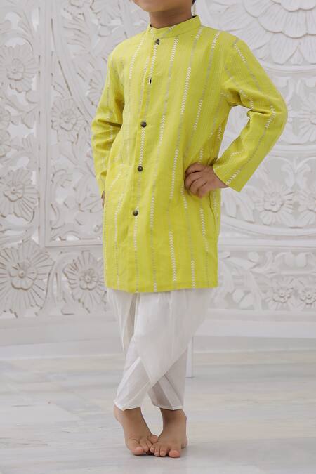 Petite Pomme Yellow Cotton Sunlight Silver Arrow Sherwani Set Online at Aza Fashions Petite Pomme_Yellow Cotton Sunlight Silver Arrow Sherwani Set _Online_at_Aza_Fashions