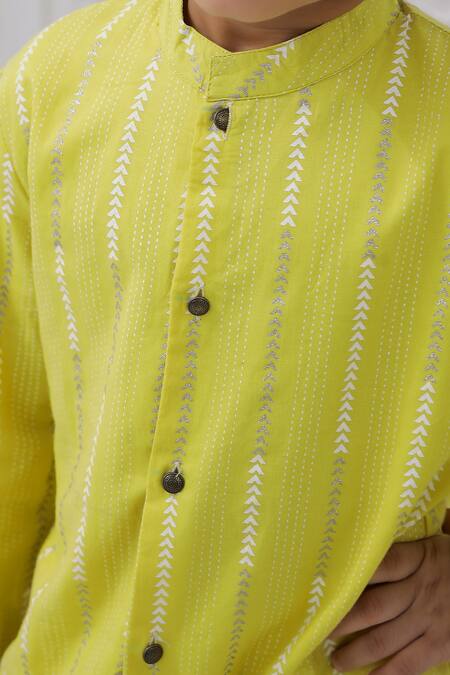 Shop Petite Pomme Yellow Cotton Sunlight Silver Arrow Sherwani Set Online at Aza Fashions Shop_Petite Pomme_Yellow Cotton Sunlight Silver Arrow Sherwani Set _Online_at_Aza_Fashions