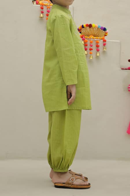 Shop_Petite Pomme_Green Cotton Mirrors Shimmer Work Kurta Set _Online_at_Aza_Fashions