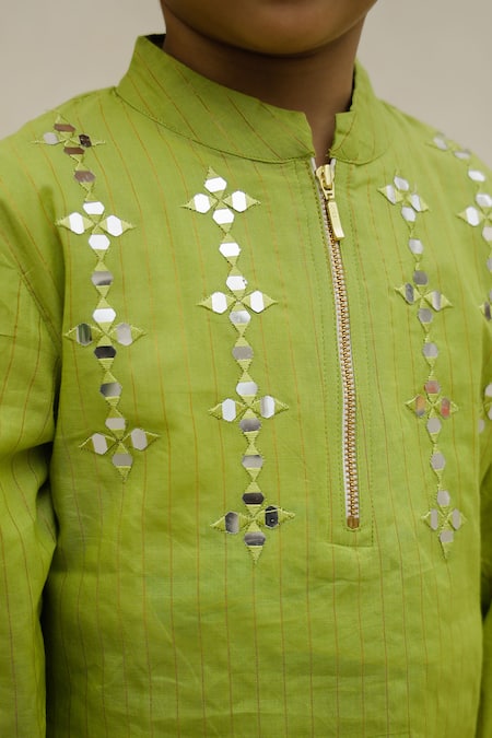 Petite Pomme_Green Cotton Mirrors Shimmer Work Kurta Set _at_Aza_Fashions
